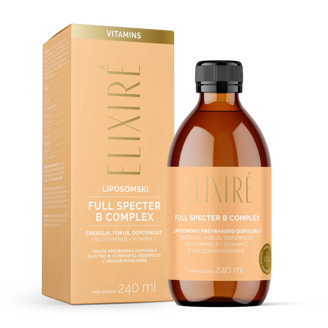 liposomski-b-kompleks-elixire-vitamin-b-energija-fokus-odpornost_jpeg ELIXIRÉ ENERGY FULL SPECTER B COMPLETE, со вкусом мандарина, пищевая добавка — изображение 1